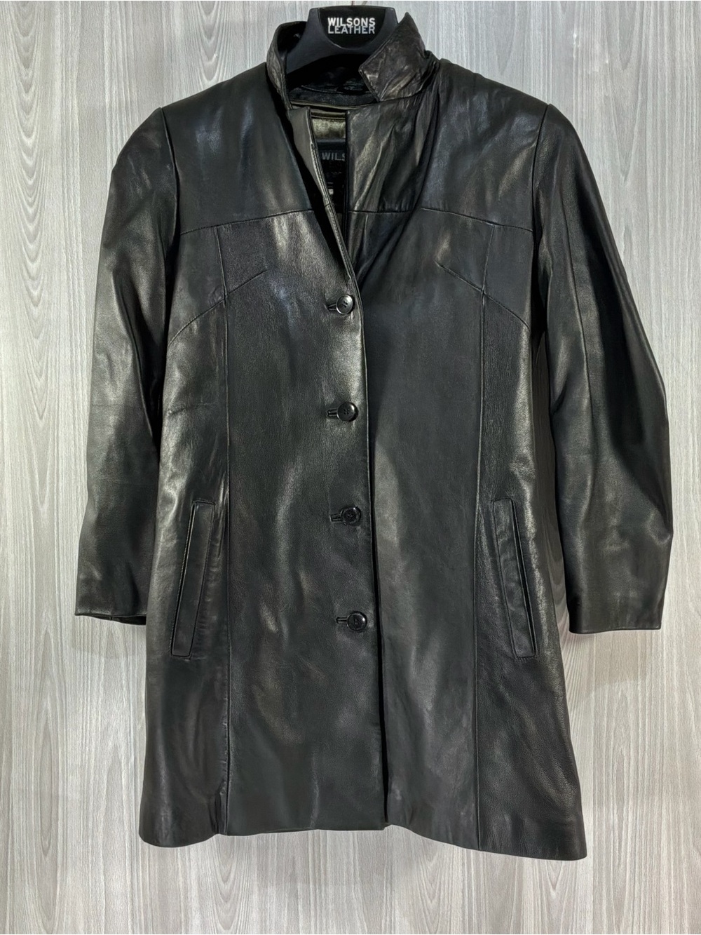 Wilsons Black Leather Button Down Trench Coat Thinsulated Vintage Women’s Medium